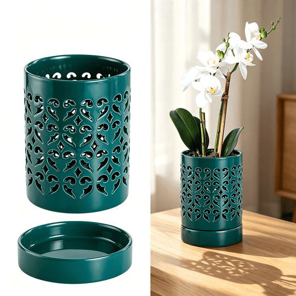 Damkogic Ceramic Orchid Planter with Saucer, Breathable Hollow Cage Design with Drainage Holes, 5.9 x 4.1, Durable Pot for Orchid Repotting & Indoor Plants