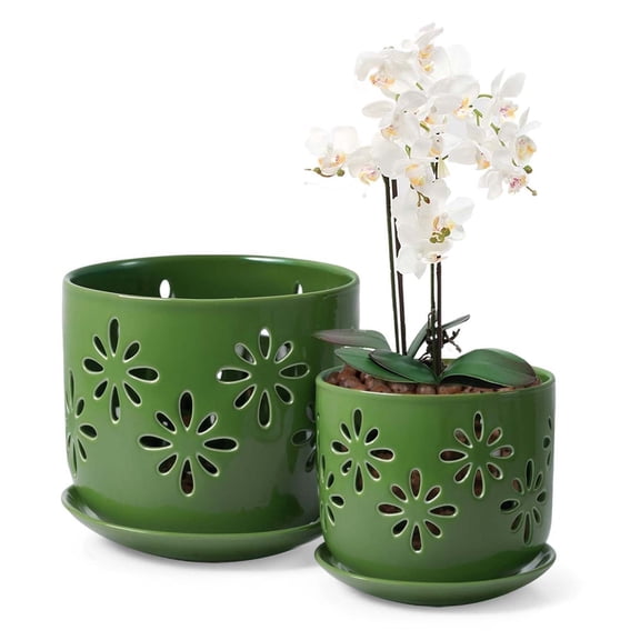 BUYMAX Small Orchid Pots with Holes 5 inch & 6 inch, Ceramic Orchid Pots for Repotting, 2 Pack Breathable Slotted Orchids Planter, Green Flower