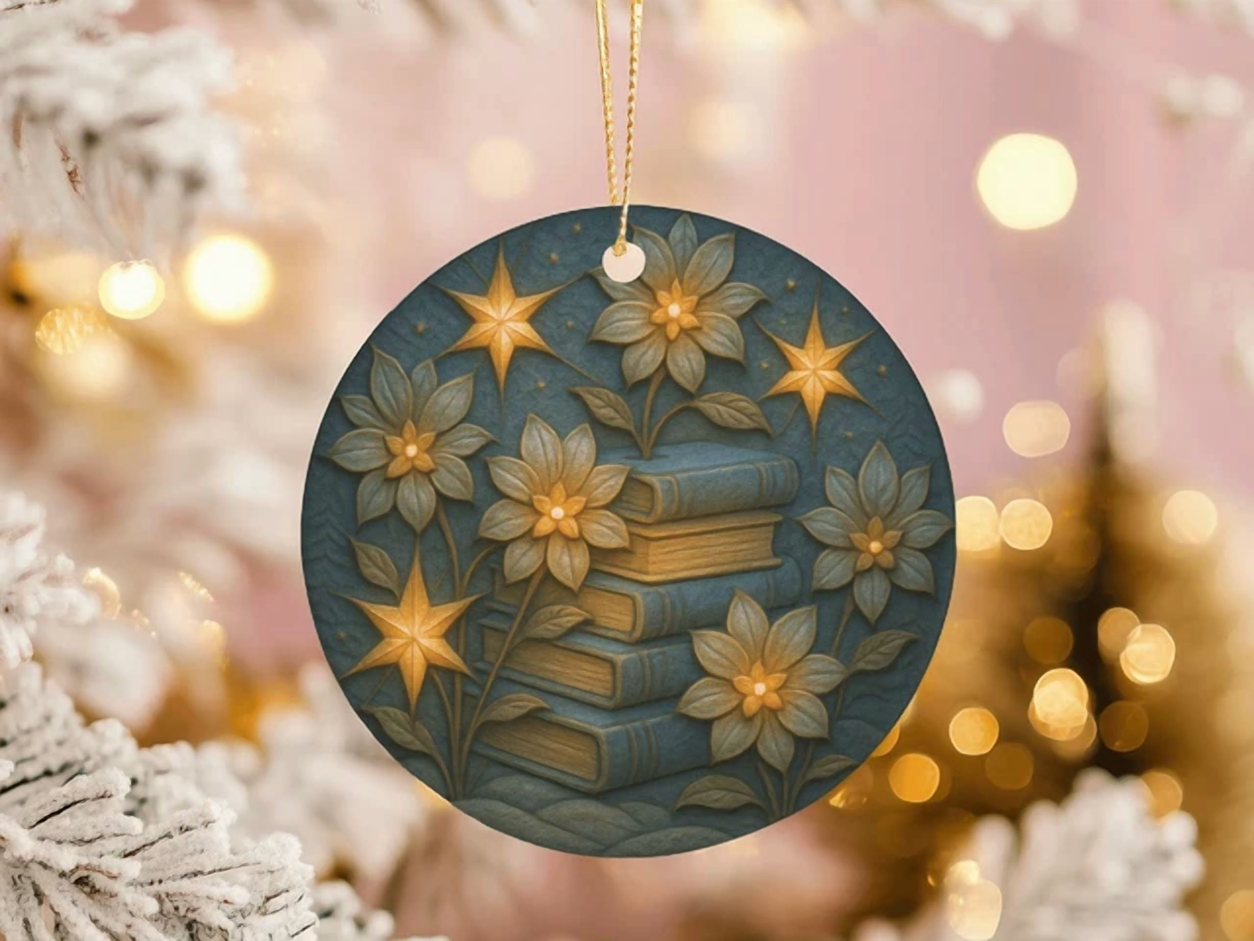 Ceramic Ornament Books with Golden Flowers Literary kriStmAs Readers