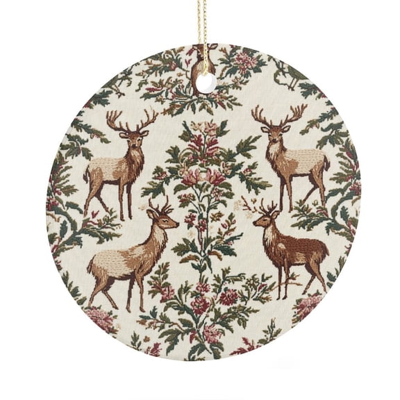 Ceramic Ornament Christmas Reindeer 2 Side Printed Ornaments Gift Ceramic Holiday Decoration Present Porcelain 3inch Flat with Gold Ribbon Both Sides Nordic Reindeer Boho Ceramic Christmas Ornament