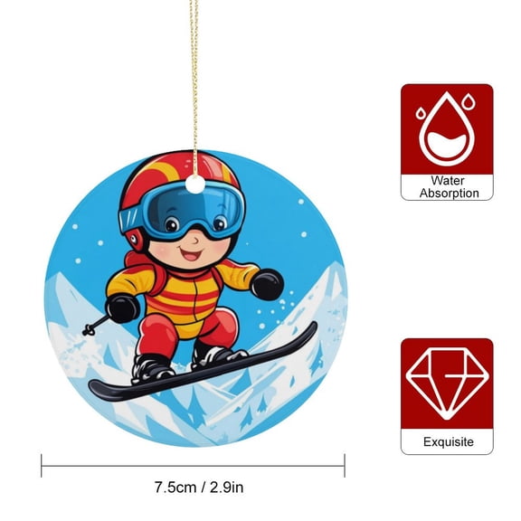 Ceramic Ornament Skier Boy Bauble Present Winter Snow Extreme Sports Round Keepsake Ornament Hanging Ornaments Home Decoration Round Porcelain Ornament Personalized Xmas Tree Ornament