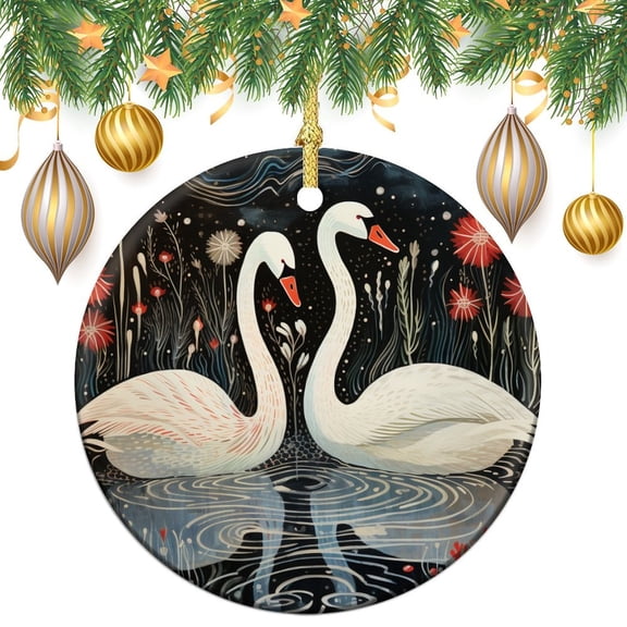 Ceramic Ornament White Swans In The Water Ornaments for Christmas Tree Cartoon Cute Abstract Pink Art Ornament Ideal for Gifting And Collecting
