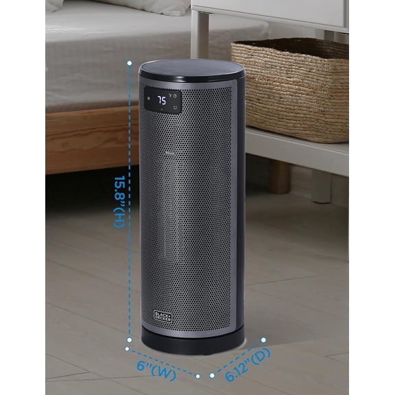Ceramic Oscillating Tower  with Remote Control, Space  with Digital LED Display, Adjustable Thermostat, Portable  with 3 Heat Settings  to 1500W, BHTC209, Black