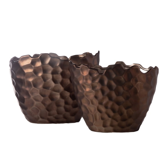 Ceramic Oval Pot with Irregular Lip, Geometric Pattern and Tapered Bottom Set of Two Matte Finish Brown