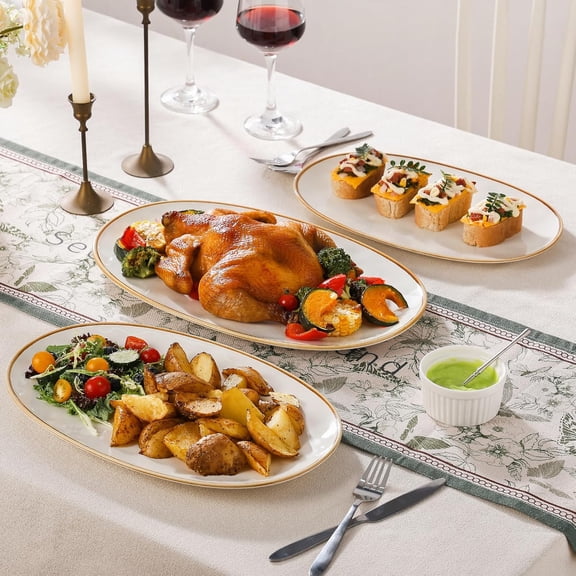 Ceramic Oval Serving Platter with Brown Rim: 15.6/14.3/12.9 Inch Large Serving Dishes for Entertaining Party, Turkey, Steak, Ham