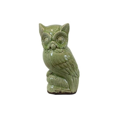 Ceramic Owl Figurine on Base Distressed Gloss Finish Moss Green