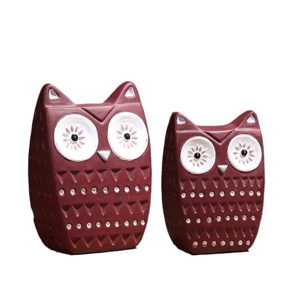 Ceramic Owl Ornament,Sculpture for Office & Home Decor,2pcs Ceramic Ornament for Owl LoversRed