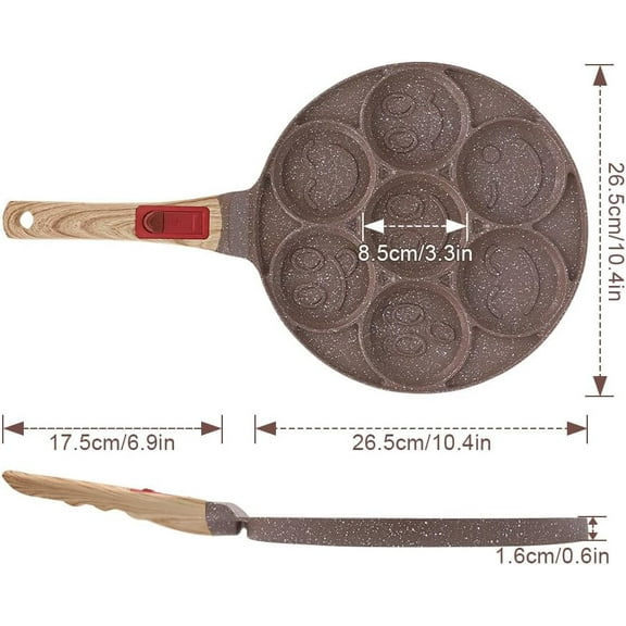 Ceramic Pancake Pan with Detachable Handle, 7 Hole Smiley Face Mold - Brown