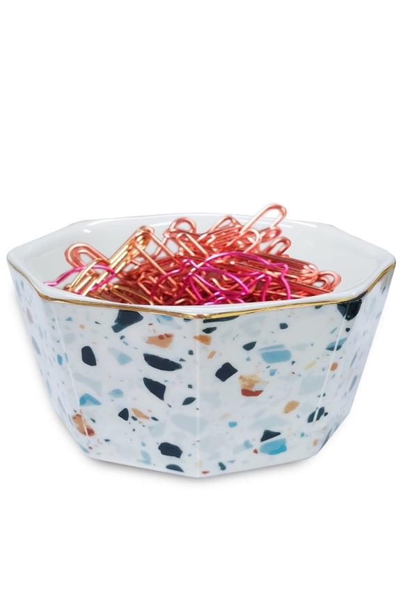 Ceramic Paper Clip Holder with Gold Trim, Marble Design Desk Organizer for Binder Clips & Office Supplies Blue Terrazzo