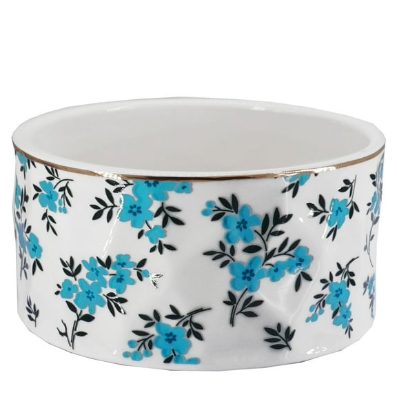 Ceramic Paper Clip Holder with Gold Trim, Floral Design Desk Organizer for Binder Clips & Office Supplies Teal Blue