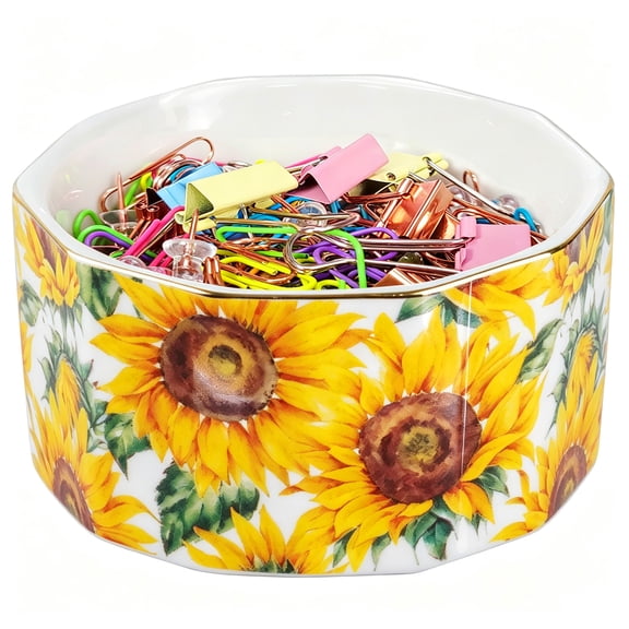 Ceramic Paper Clip Holder with Gold Trim, Sunflowers Design Desk Organizer for Binder Clips & Office Supplies