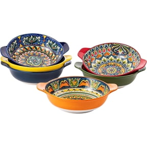 Ceramic Pasta Bowls with Handle, Boho Salad Bowl Set of 6 | 25 oz for Cereal, Soup, Serving, Large Colorful Shallow Design, Microwave & Dishwasher Safe