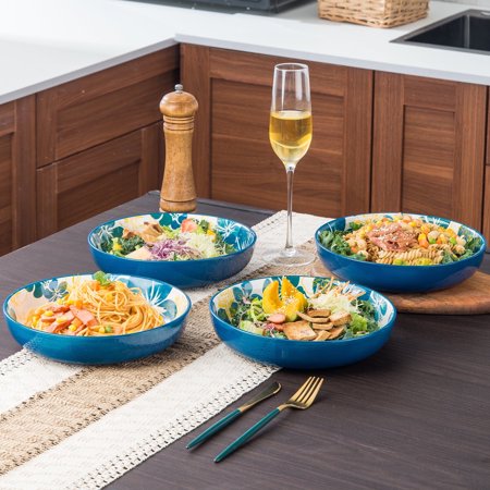 Pasta Salad Serving Bowls Blue Ceramic 4-Count