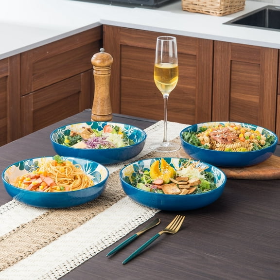 Pasta Salad Serving Bowls Blue Ceramic 4-Count