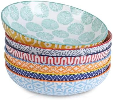 Ceramic Pasta Bowls Set 34 OZ, Large Salad & Dinner Bowls 8.6 Inch, Wide Shallow & Deep Plates for Pasta Soup, Microwave & Dishwasher Safe, Set of 6, Assorted Colors