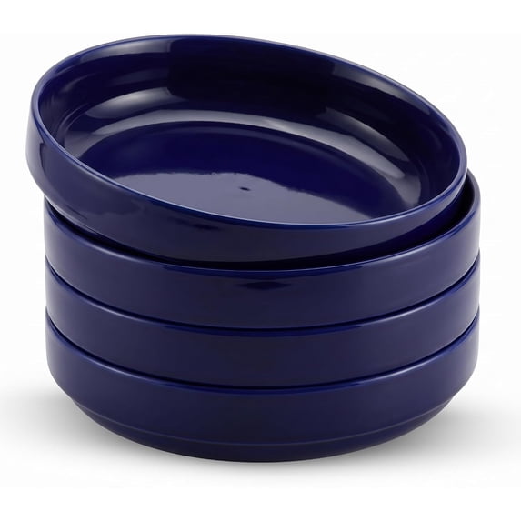 Ceramic Pasta Bowls Set of 4, Wide & Shallow, Cobalt Blue Stoneware ...