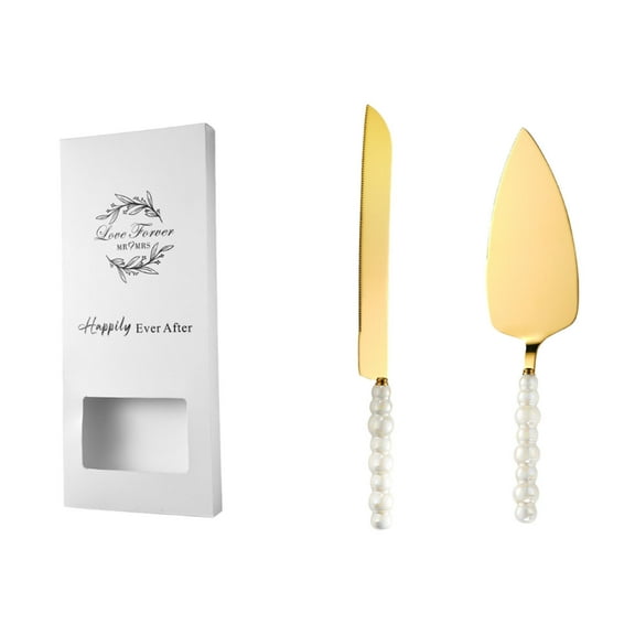 Ceramic Pearl Handle Stainless Steel Cake Knife & Spatula Set-Elegant Wedding Dessert Serving Tools with Serrated Blade & Ergonomic Grip-2-Piece Baking & Cake Cutting Utensils