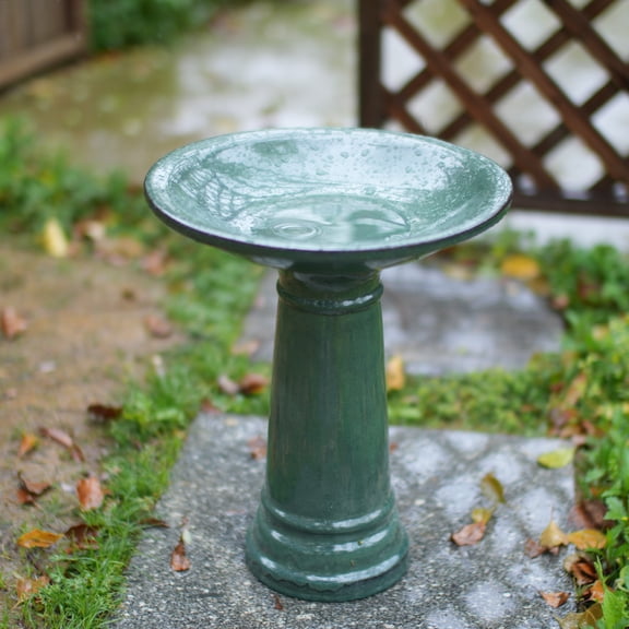 Ceramic Pedestal Bird Bath For Outdoor Garden, 12.4 Inch Diameter Vintage Forest Green Birdbath, Tall Backyard Patio Wild Bird Water Feeder Yard Decor