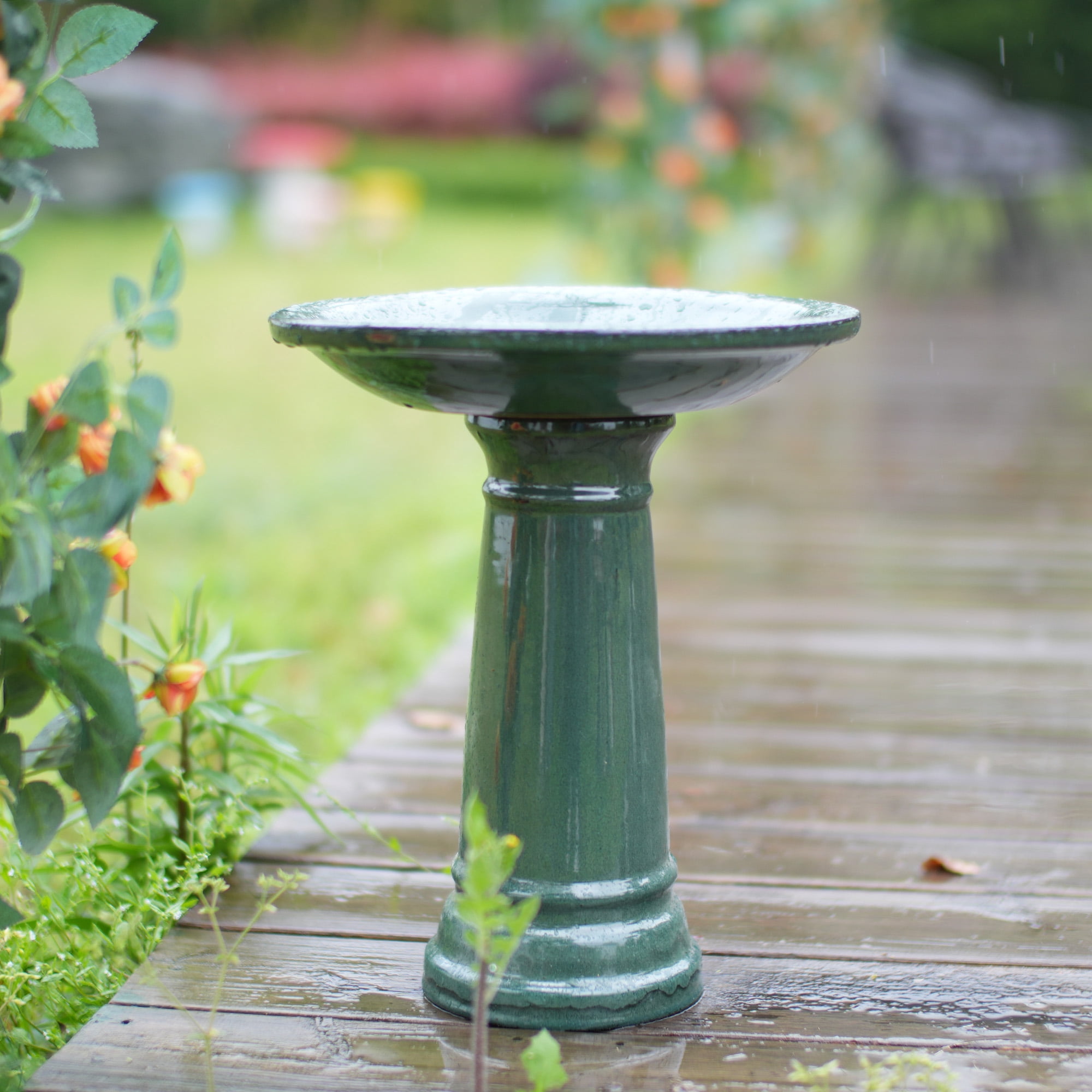 Ceramic Pedestal Bird Bath for Outdoor Garden, 12.4 Inch Diameter Vintage Forest Green Birdbath, Tall Backyard Patio Wild Bird Water Feeder Yard Decor