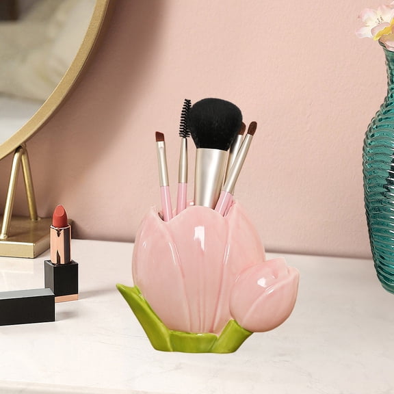 Ceramic Pen & Makeup Holder - Multi-Functional Desktop Decoration for Office, Study, Bedroom - Pink