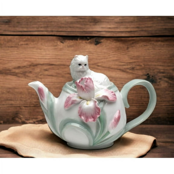 Ceramic Persian Cat Teapot Iris Flower 20 oz