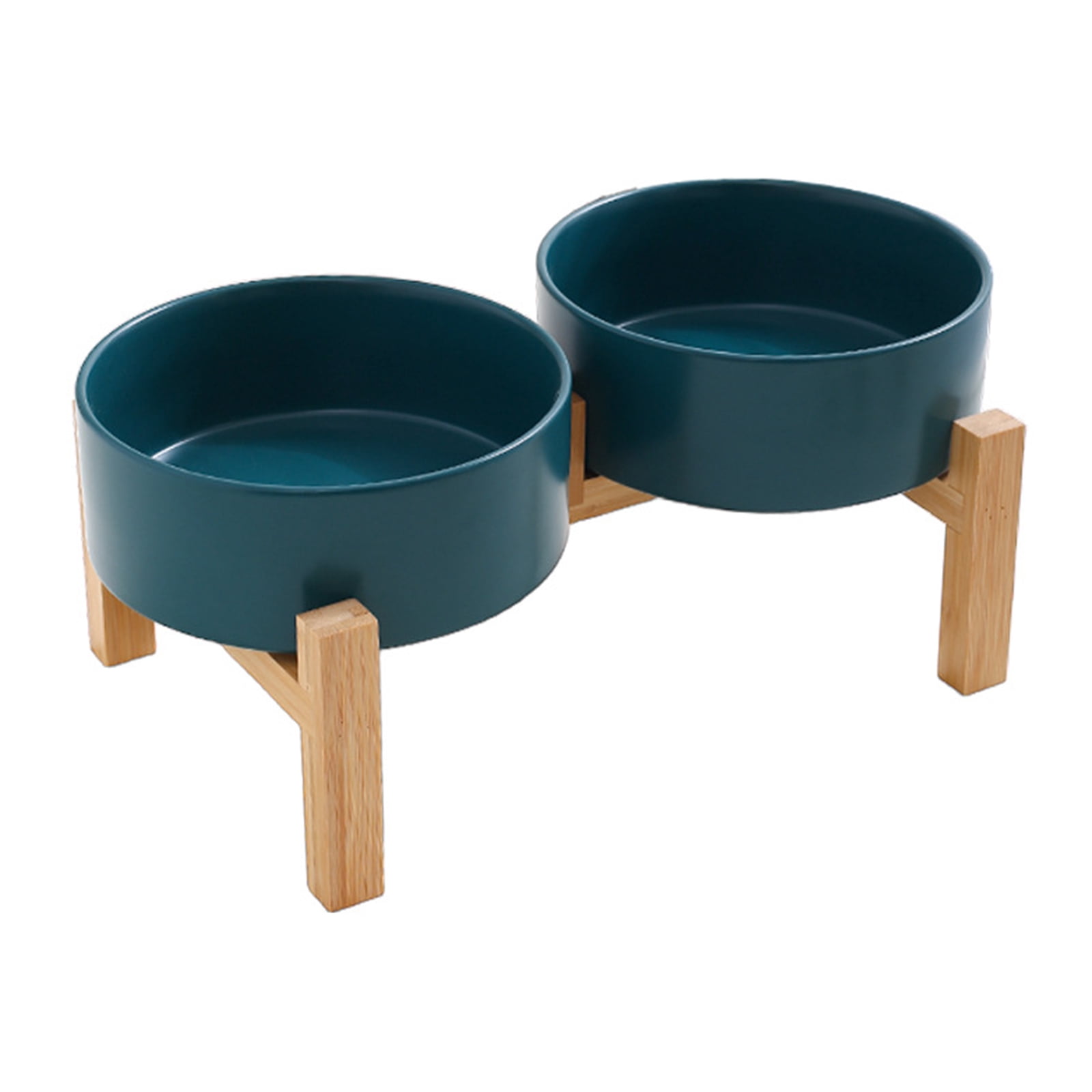 Ceramic Pet Double Bowl Dish Set with Wood Base Small Dog and Cats Feeding Station NonSpill Design for Home Use