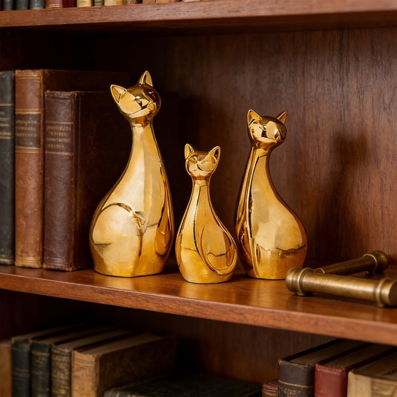 Ceramic Pet Family Figurine Set of 3, Porcelain Cat Parents and Baby Sculpture – Sentimental Memorial Gift for Pet Lovers, Bookshelf Office Living Room Decor