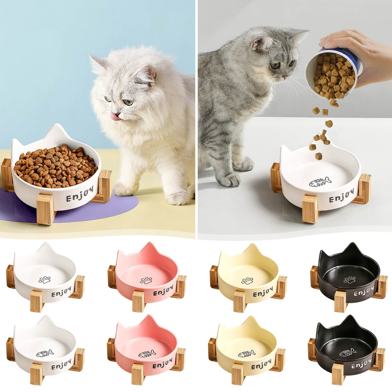 Ceramic Pet Food Water Bowl Set | Non-Slip Elevated Dog Dish with Wooden Stand | High Temperature Lead-Free | Easy Clean Modern Design | 2 Bowls | Cats Dogs