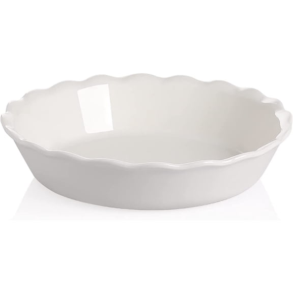 Ceramic Pie Pan - 10 Inch Round Baking Dish for Dinner, Non-Stick with Soft Wave Edge for Apple, Pumpkin and Pot Pies (White)