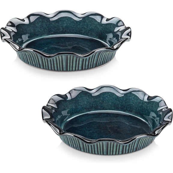 Ceramic Pie Pan for Baking, 9 inch Deep Pie Plates for Apple Pie, Pot Pie, Tart and Quiche, Reactive Glaze Fluted Pie Pans, Large Pie Dish with Ruffled Edge, Green, STERN Series