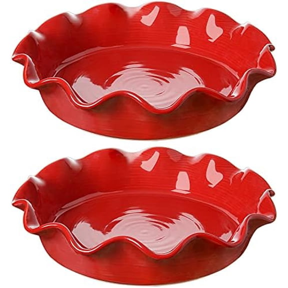 Ceramic Pie Pans for Baking, 11 Inches Deep Dish Pie Plate for Apple Pie, 48 Ounce Baking Dish with Ruffled Edge, Set of 2, Red