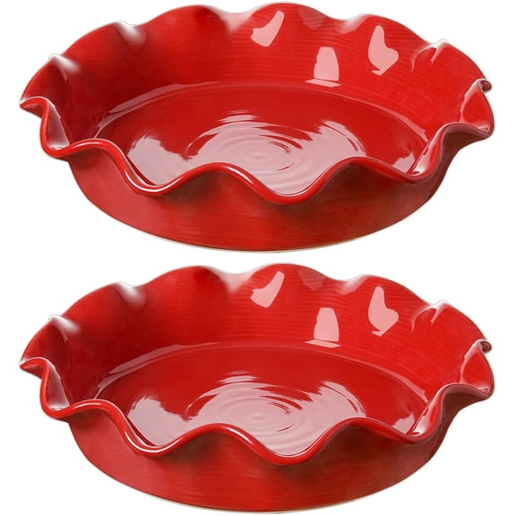 Ceramic Pie Pans for Baking, 11 Inches Deep Dish Pie Plate for Apple Pie, 48 Ounce Baking Dish with Ruffled Edge, Set of 2, Red