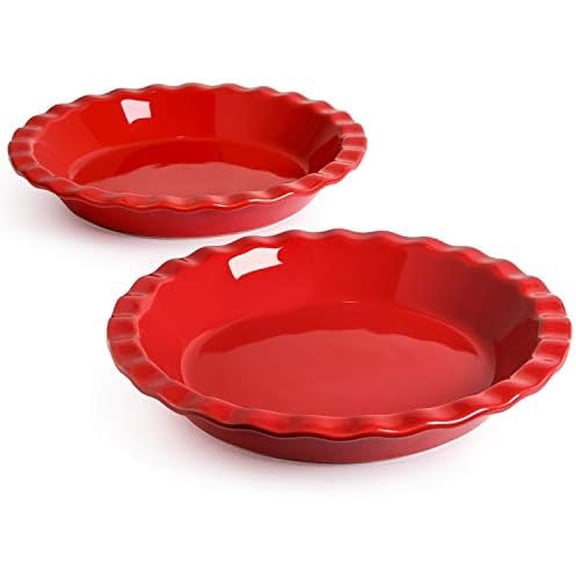 Ceramic Pie Pans for Baking, 9 Inches Pie Plate for Apple Pie, Pecan Pie, 36 Ounce Deep Dish Pie Pan, Set of 2, Red