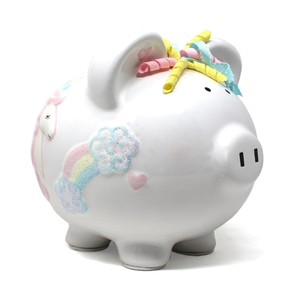 Ceramic Piggy Bank for Girls in Unicorns and Rainbows Design