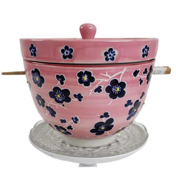 Ceramic Pink Bowl with Three Divided Lid (6") and Chopsticks (8") Set for Noodle, Udon, Rice, Pho, Soup | Microwave and Dishwasher Safe