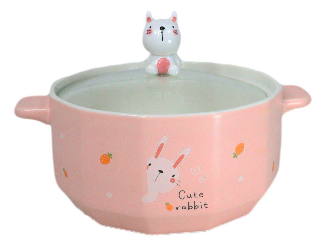Ceramic Pink Rabbit With Carrots 30oz Noodle Dessert Food Bowl W/ Glass ...