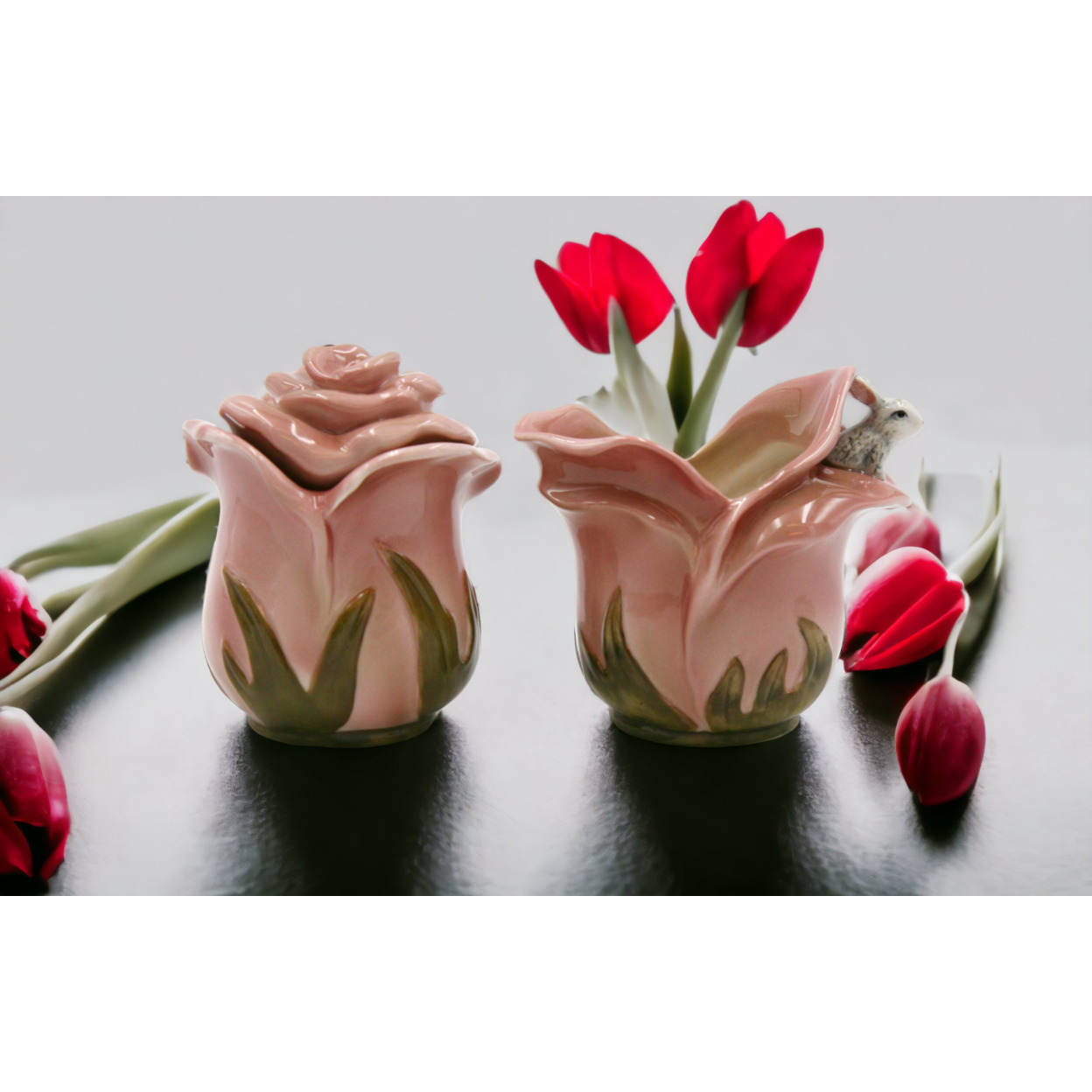 Ceramic Pink Rose Bunny Rabbit Sugar and Creamer Set Kitchen Spring ...