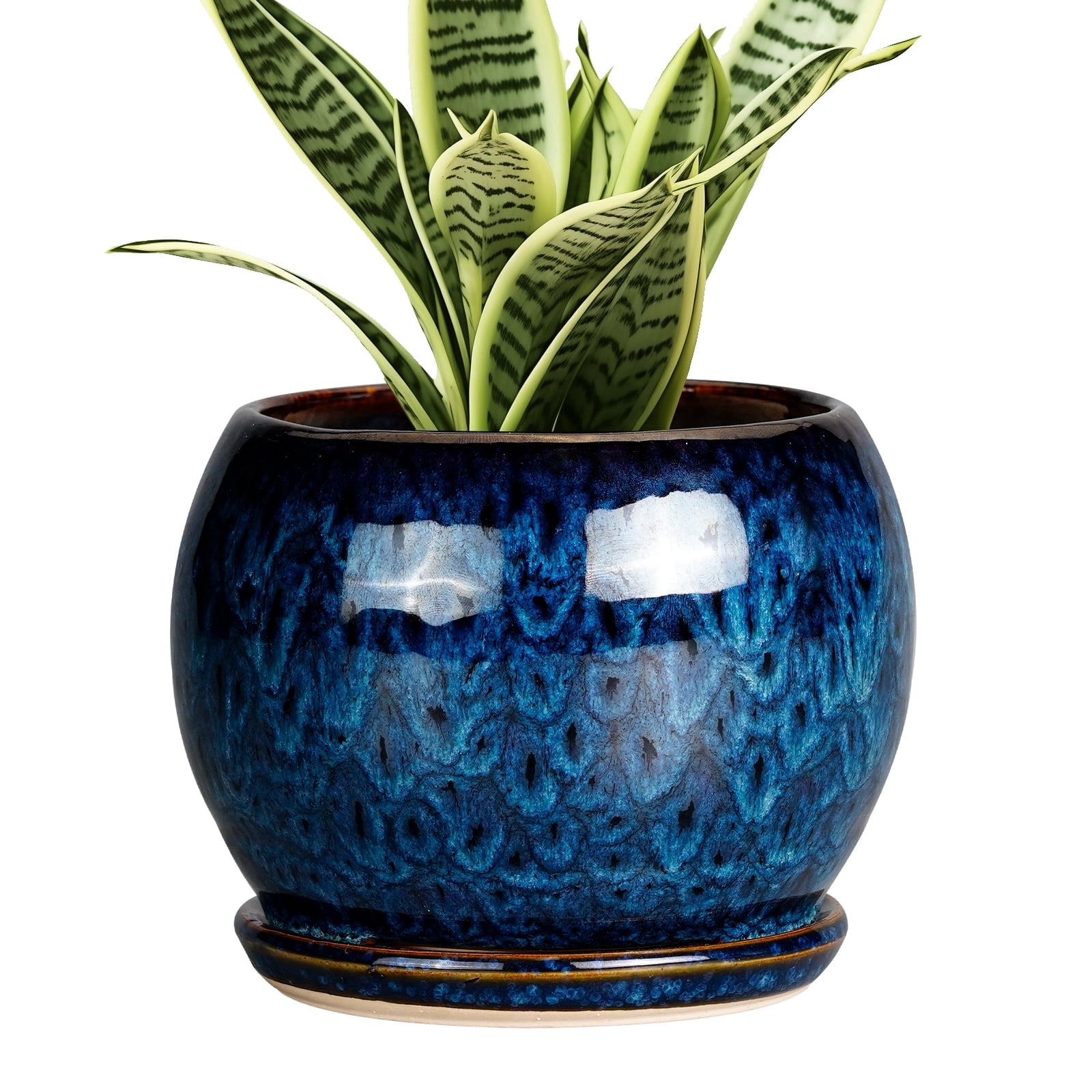Ordivic 6 inch Blue Glaze Ceramic Plant Pot with Drainage Hole & Saucer, Small Decorative Flower Pots for Succulents & Herbs, Home Decor
