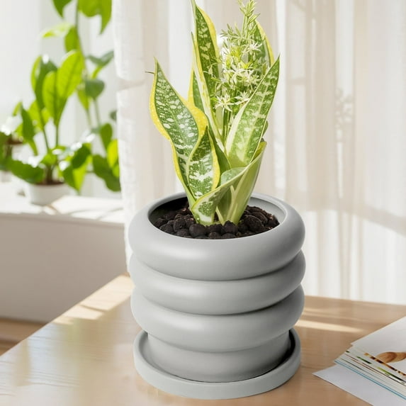 Ceramic Plant Pot, 6 inch Plant Pot for Indoor Plants, Tiered Bubble Flower Pot with Drainage Holes,Plant Lover Gift ,Ceramic Pots for Outdoor Plants Modern Décor-Grey