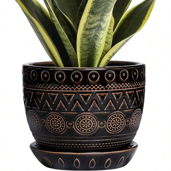 Ceramic Plant Pot With Drainage Hole And Saucer 5.5 Inch Triangle Black Round Planter Indoor Outdoor Decorative