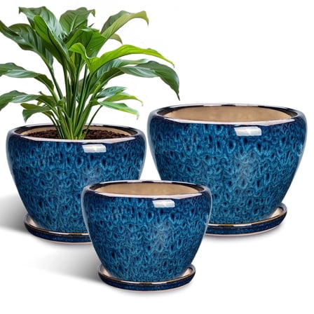 Stillaflora 3 Set Large Blue Ceramic Plant Pots with Drainage for Plant Lovers