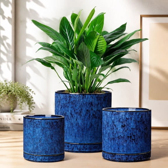 Ceramic Plant Pots, 3 Piece Indoor Planters Set with Drainage, 4.25+5.25+6.25 Inch Flower Pots for Succulents, Snake Plant, Pothos, Money Tree, Blue