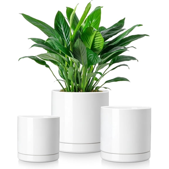Ceramic Plant Pots, 3 Piece Planters for Indoor Plants, 4.25+5.25+6.25 Inch Flower Pots with Drainage, Plant Pots Indoor for Succulent, Pothos, Snake Plant and Money Tree, Etc (White)