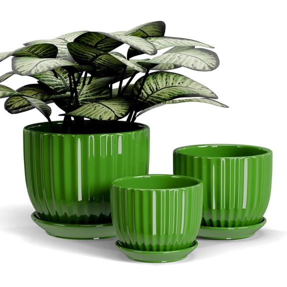 Ceramic Plant Pots,4"+5"+6" Inch,Green Flower Pots with Drainage Holes and Tray,Indoor Planters for Plants Pots,Home Office Decoration GIF for Plants,Succulent Pot Set of 3