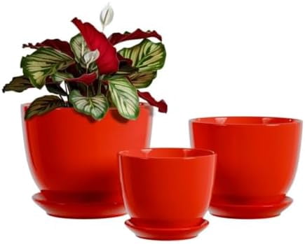 Ceramic Plant Pots - 4"/5"/6" Inch Red Planters Set of 3 with Drainage Holes and Saucer - Indoor Flower Pots for Plants Ceramic Planters for Indoor Gardening Succulent Pots(Red)