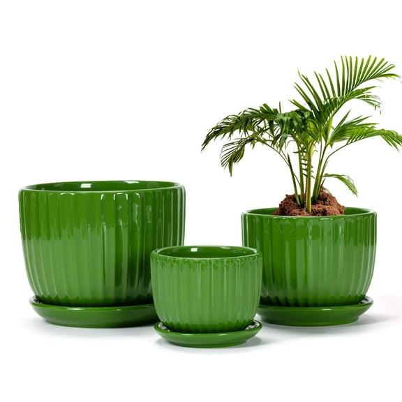 Ceramic Plant Pots,4"+5"+6" Inch,Green Flower Pots with Drainage Holes and Tray,Indoor Planters for Plants Pots,Home Office Decoration GIF for Plants,Succulent Pot Set of 3