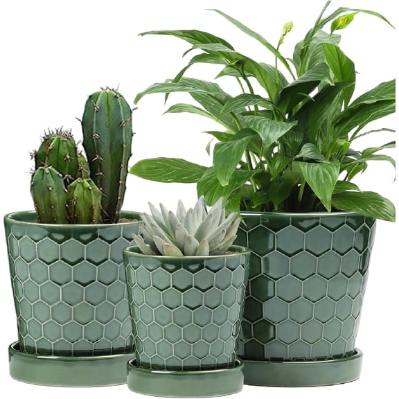 Ceramic Plant Pots,4+5+6 Inch Pots for Indoor Plants,Planters with Drainage Holes and Ceramic Tray, Indoor Flower Pots Gardening Home Desktop Office Windowsill Decoration Gift,Set of 3 (Patina)
