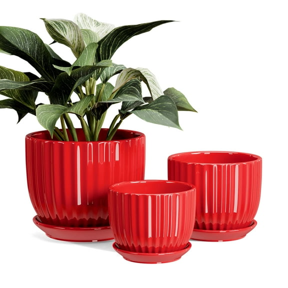 Ceramic Plant Pots - 4/5/6 Inch Red Planters Set of 3 with Drainage Holes and Saucer - Indoor Flower Pots for Plants Ceramic Planters for Indoor Gardening Succulent Pots