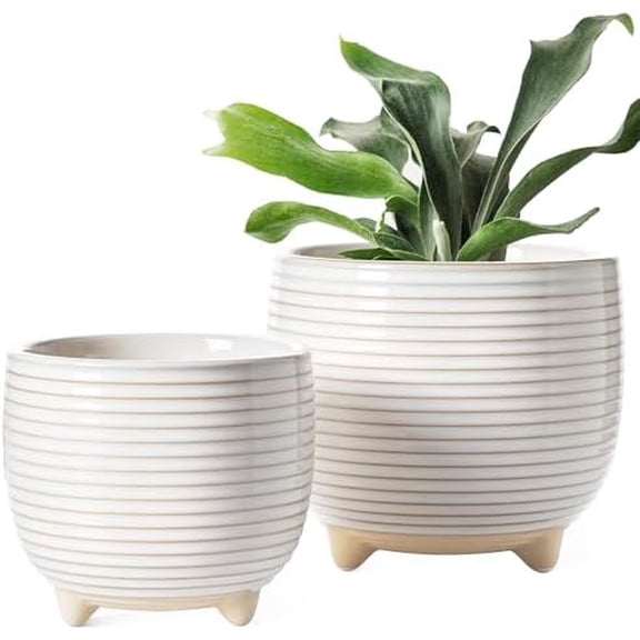 Ceramic Plant Pots, 5.1 + 6.4 Inch Footed Pots for Plants, Modern Flower Pots for Home and Office, Indoor Planters with Drainage, Reactive Glaze White