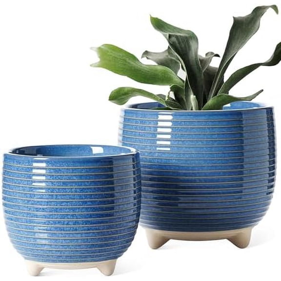 Ceramic Plant Pots, 5.1 + 6.4 Inch Footed Pots for Plants, Modern Flower Pots for Home and Office, Indoor Planters with Drainage, Reactive Glaze Blue
